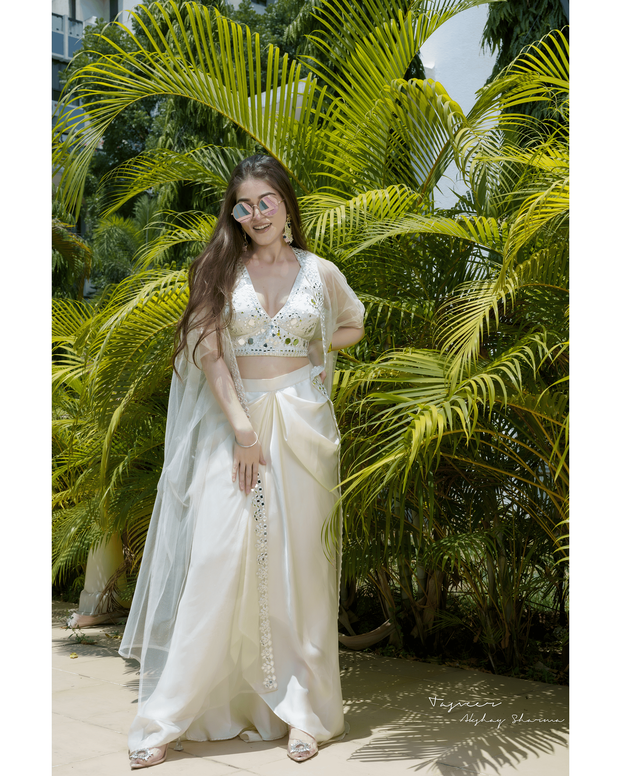 White mirror embroidedred dhoti set with cape